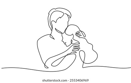 Valentines day romantic design. Woman and man hugs with present box. Love of young couple, lovers. Continuous one line drawing Doodles. Vector illustration