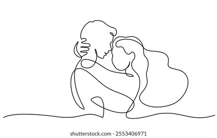 Valentines day romantic design. Woman and man hugs with present box. Love of young couple, lovers. Continuous one line drawing Doodles. Vector illustration