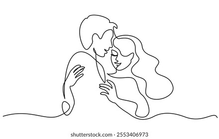 Valentines day romantic design. Woman and man hugs with present box. Love of young couple, lovers. Continuous one line drawing Doodles. Vector illustration