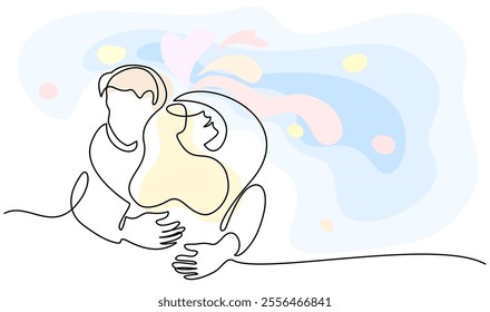 Valentines day romantic design. Woman and man hugs. Love of young couple, lovers. Continuous one line drawing Doodles with color splash. Vector illustration