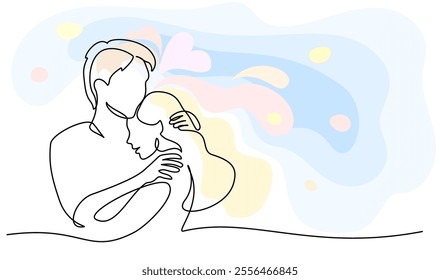 Valentines day romantic design. Woman and man hugs. Love of young couple, lovers. Continuous one line drawing Doodles with color splash. Vector illustration