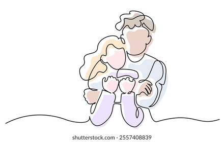 Valentines day romantic design. Woman and man hugs. Love of young couple, lovers. Continuous one line drawing Doodles with color splash. Vector illustration