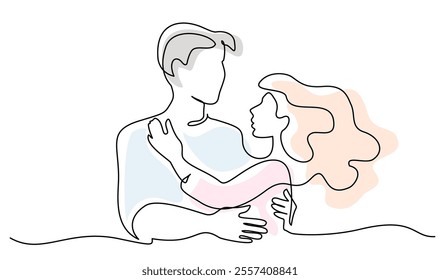 Valentines day romantic design. Woman and man hugs. Love of young couple, lovers. Continuous one line drawing Doodles with color splash. Vector illustration