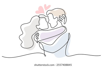 Valentines day romantic design. Woman and man hugs. Love of young couple, lovers. Continuous one line drawing Doodles with color splash. Vector illustration