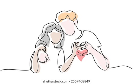 Valentines day romantic design. Woman and man hugs. Love of young couple, lovers. Continuous one line drawing Doodles with color splash. Vector illustration