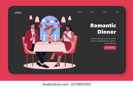 Valentine's Day romantic dinner scene. A couple enjoys a cozy evening, complete with wine and flowers. The setting features candles and festive decorations, creating an intimate atmosphere. Perfect