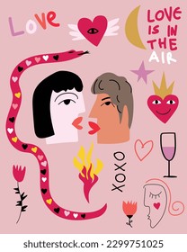 el día de San Valentín romántico doodles vectores pegatinas conjunto.