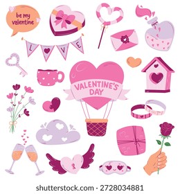 Elemento romántico del día de San Valentín fijado con el icono de la rosa y del champán de la caja de regalo del globo del aire caliente del corazón