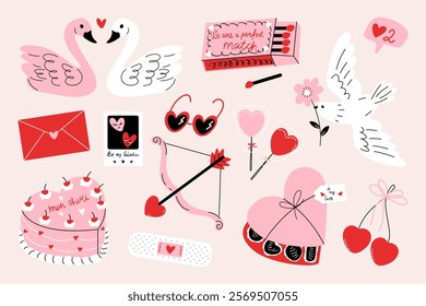 Valentines Day romantic elements. Cartoon retro love symbols, abstract stickers with heart candy cake and love letters for greeting card design. Vector flat set