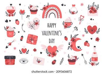 Valentines Day and romantic elements collection. Love, wedding, Valentine's day concept. Vector illustration