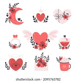 Valentines Day and romantic elements collection in boho style. Hearts, love potion, gift box, moon, engagement ring. Vector illustration