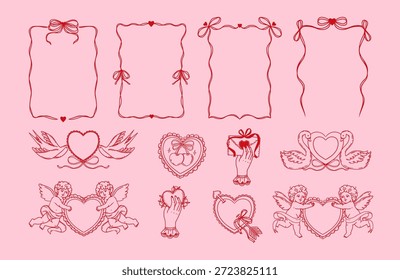 Día de San Valentín Elementos románticos. Marco de coqueta roja vintage dibujado a mano con arco, cupidos, pájaros, corazón. Elegante borde de la cinta de amor para el cartel. Conjunto de Vector.