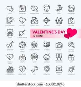 Valentine's Day romantic elements - minimal thin line web icon set. Outline icons collection. Simple vector illustration.