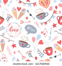 Valentine's day romantic elements on white background, doodle illustration, seamless pattern