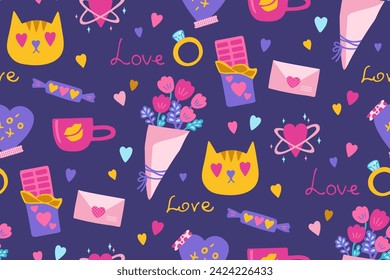 Valentine's Day romantic elements seamless pattern. Cute abstract drawings trendy boundless print background. Simple repeating texture hand drawn love design for fabric textile, wrapper backdrop