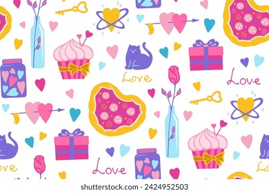 Valentine's Day romantic elements seamless pattern. Simple repeating texture hand drawn love design for fabric textile, wrapper backdrop. Cute abstract drawings trendy boundless print background