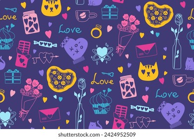 Valentine's Day romantic elements seamless pattern. Doodle repeating texture hand drawn love design for fabric textile, wrapper backdrop. Cute abstract drawings trendy boundless print background