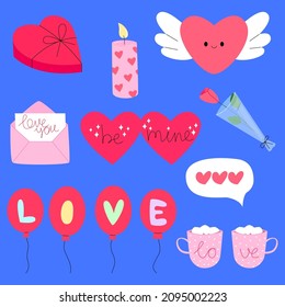 Valentines day romantic elements. Set cute clipart objects for greeting card, poster, pattern, banner, stickers.
