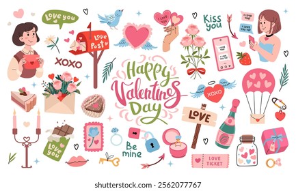 Valentines day romantic elements set. Girl with an envelope, red mailbox with love letters. Holiday gifts, flowers, chocolates. Box with diamond ring, Hearts with wings. Vector flat illustration