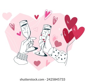 Valentine's Day or romantic evening together banner. Hands of loving couple clink glasses and toast to love, hand drawn vector illustration isolated on white background.