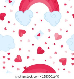Valentines Day romantic flat vector seamless pattern. February 14 holiday decorative backdrop. Clouds, pink rainbows and love letters background. Festive cute wrapping paper, textile design