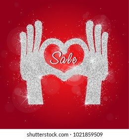 Valentines Day romantic flyers, invitation, posters, brochure, voucher with modern style. Valentines day sale offer background. Silver glitter hands forming a heart shape. Vector illustration.
