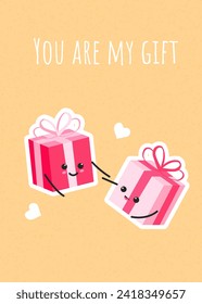 Valentine`s day romantic gift boxes. Funny loving characters. Hand drawn element in cute cartoon doodle style. For poster, business card, invitation, flyer, banner email header