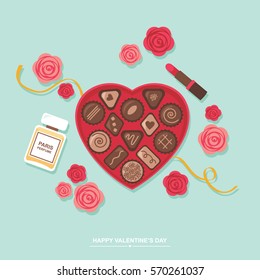 Valentines day romantic gift, chocolates box, perfume and lipstick vector illustration