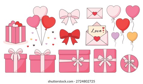 Valentine's Day Romantic Gift Elements Set with Heart Balloons, Love Letters and Pink Gift Boxes