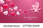 Valentines day romantic greeting card template. Realistic figure of cupid with bow and arrows, aiming in hearts of lovers. Vector illustration.