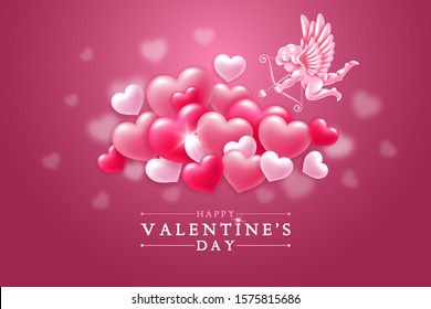 Valentines day romantic greeting card template. Realistic figure of cupid with bow and arrows, aiming in hearts of lovers. Vector illustration.