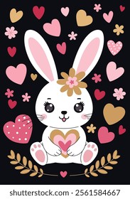 Valentines day romantic greeting card. White cute bunny holds a heart in his paws. Dark background with flower and hearts. Valentine illustration.