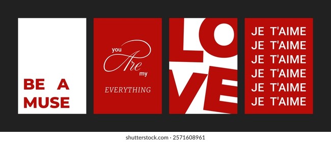 Valentine's Day romantic greeting card set – red and white minimalist design. The phrase JE T'AIME means I LOVE YOU