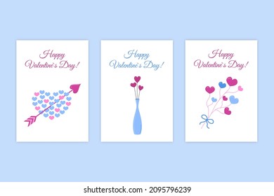 Valentines day romantic greeting cards. Vector collection of holiday postcards. Cute heart with arrow, flower vase and heart twig. Valentines set.