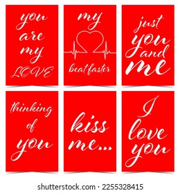 Valentine's Day romantic greeting postcards with love calligraphic text and messages on red background. Vector illustration in flat style can be also used as gift label, tag, sticker or badge.