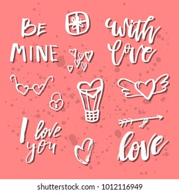 Valentines day romantic handdrawn icons and clip art. Good for greetings, posters, t-shirt, prints, cards, banners, logos.  Vector Lettering. Typographic element for your design