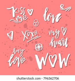 Valentines day romantic handdrawn icons and clip art. Good for greetings, posters, t-shirt, prints, cards, banners, logos.  Vector Lettering. Typographic element for your design