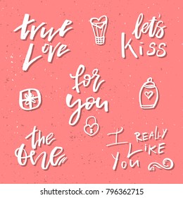 Valentines day romantic handdrawn icons and clip art. Good for greetings, posters, t-shirt, prints, cards, banners, logos.  Vector Lettering. Typographic element for your design