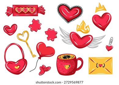 Icono romántico de San Valentín con corazones, dulces, taza de café, sobre, cerradura y llave, globo y corazón alado. Linda colección de Vector dibujado a mano para tarjetas, pegatinas, carteles y decoración