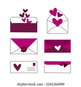 Valentines day romantic illustration with hearts and flowers. Love letters in opened and closed envelopes clipart set.