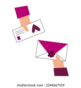 Valentines day romantic illustration with hearts. People hands give love letter in closed sealed envelope vector clipart. 14 february holiday.