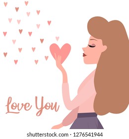 Valentine's day, romantic illustration with woman. Love story. Editable vector illustration