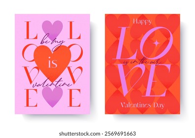 Valentines Day romantic illustrations.Modern typography banner templates.Romantic greeting posters with hearts backgrounds.Trendy vector concepts for prints,invitations,ad,covers,promos.