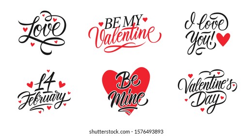 Valentines Day romantic lettering set. Happy Valentine's Day, 14 february holiday greetings. Vector Illustration.