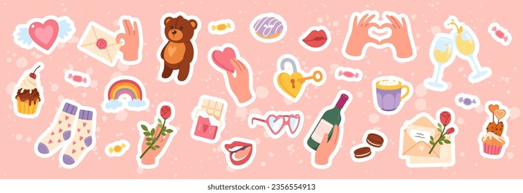 Valentines Day romantic love cute stickers set. Heart, letter, rose flower, candies, cupcake dessert, lips, wine icon collection. Romance signs, trendy celebration symbols flat vector illustration