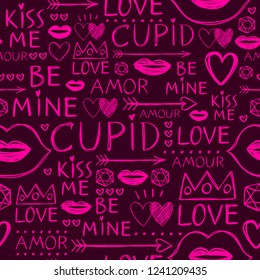 Valentine's day romantic love pattern - grunge doodle style. Love, kiss, heart, cupid, arrow symbols.