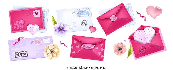 Valentines Day romantic love post vector collections, letters, envelopes, flowers, heart postcards. Holiday message, mail template set isolated on white. Valentines Day pink, blue icon letters, stamps