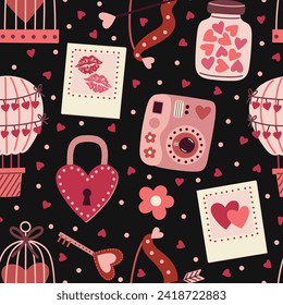 Valentine's Day Romantic Memories on Black Seamless Pattern Design