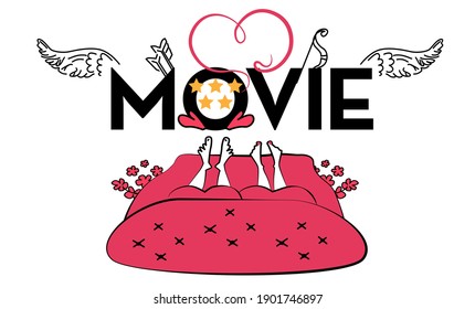 Valentines Day Romantic Movie.  Facebook Cover, web site page. Couple of people in love in bed before TV-set, monitor. Vector Illustration, Banner, advertising