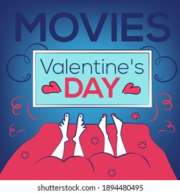 Valentines Day Romantic Movies. Square Cover, web site page. Couple of people in love in bed before TV-set, monitor. Vector Illustration, Banner, advertising